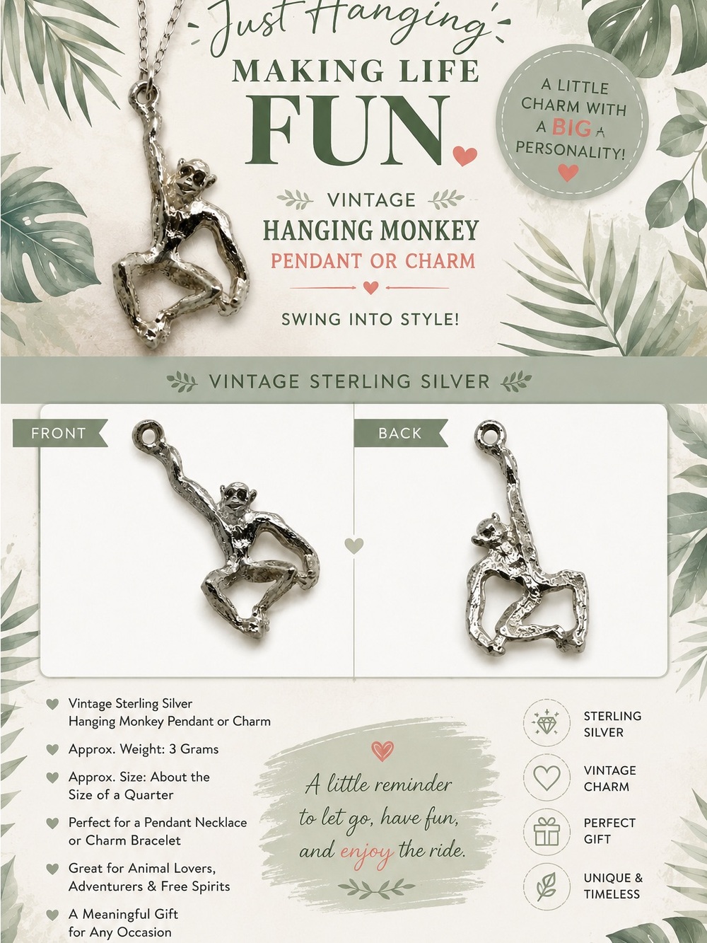 Hanging Monkey Pendant - Silver Charm